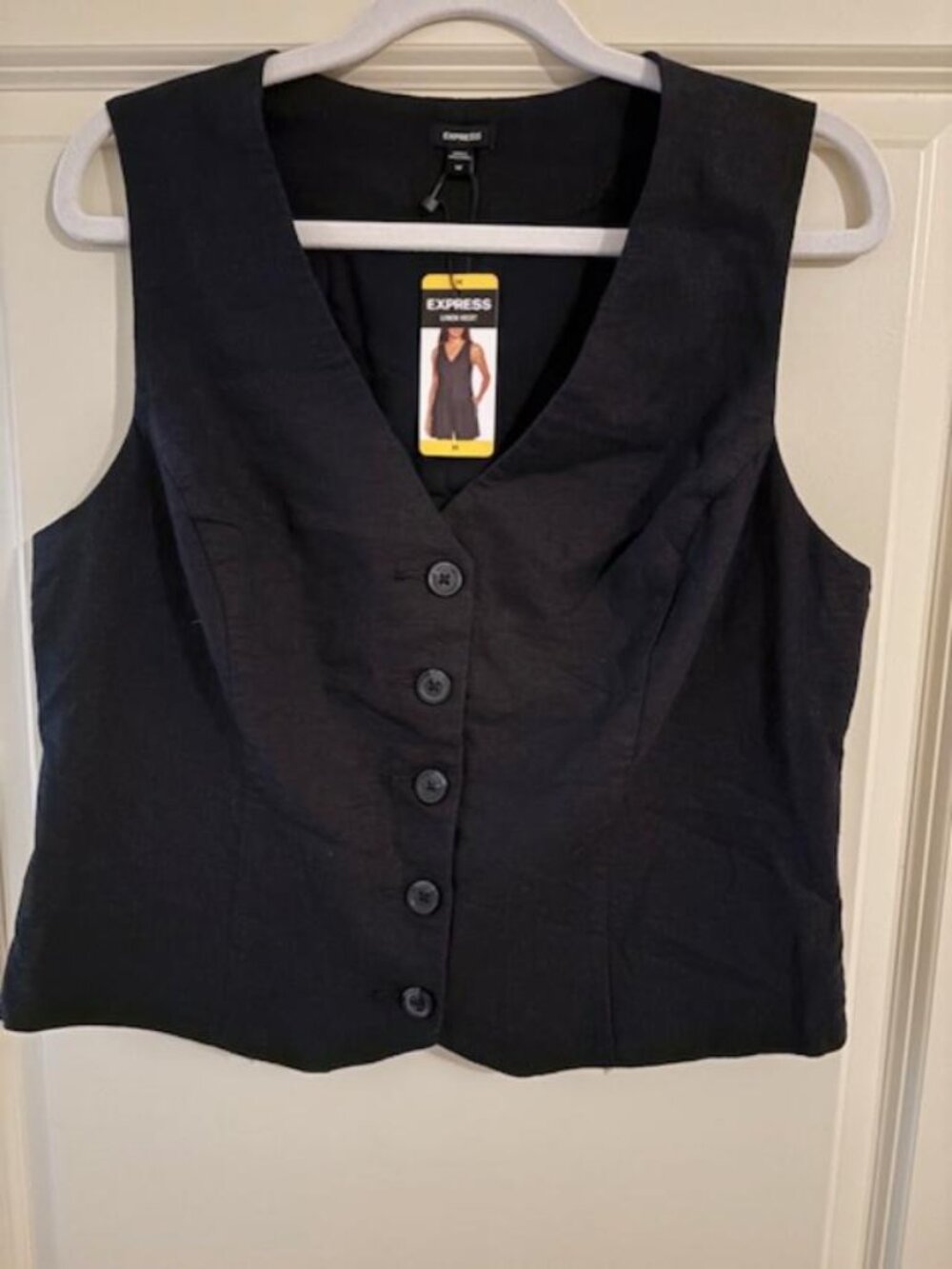 NWT Women's Express Linen Vest Black Size Medium Button Down Career Office
